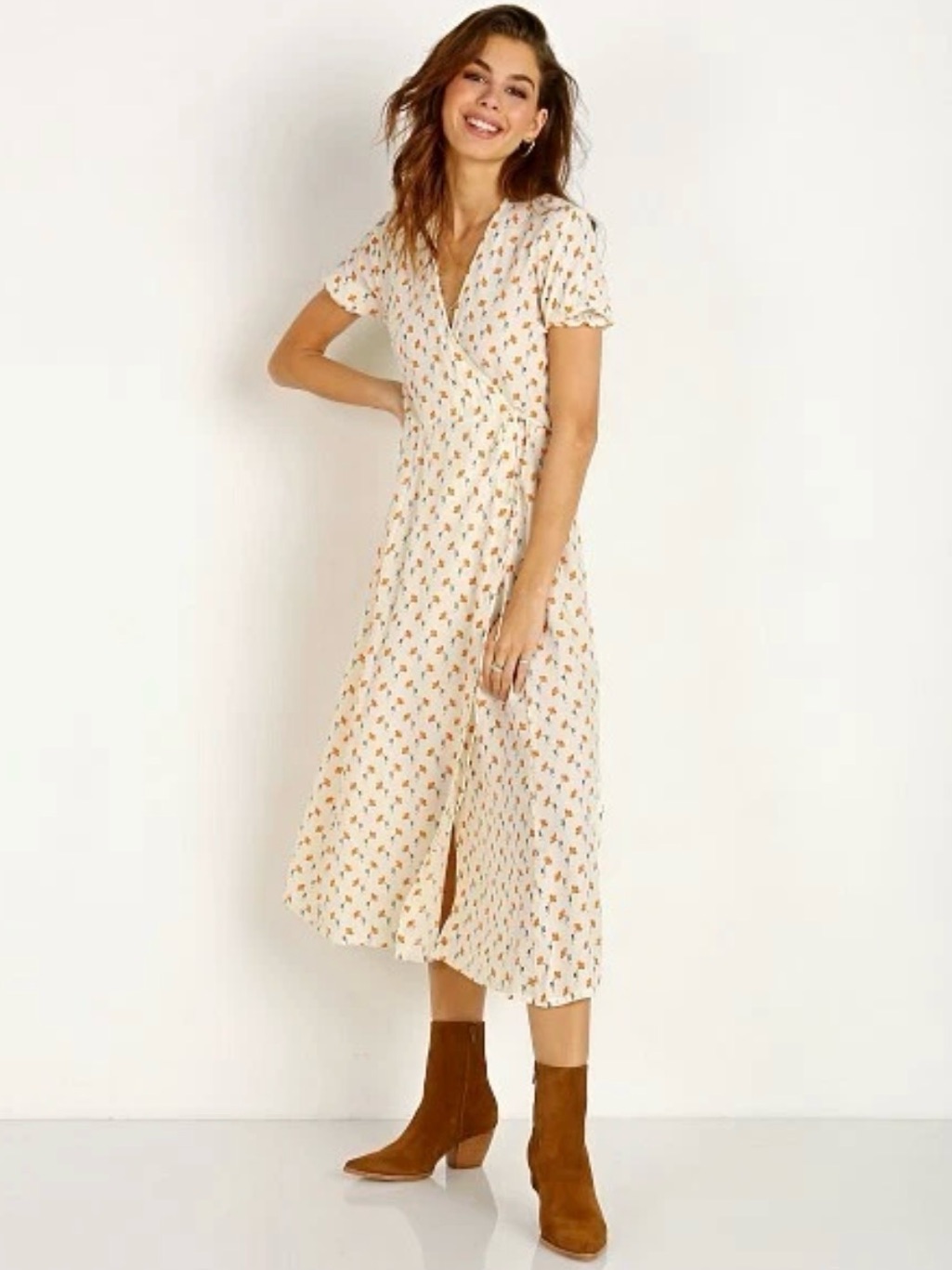Cream Floral Wrap Midi Dress